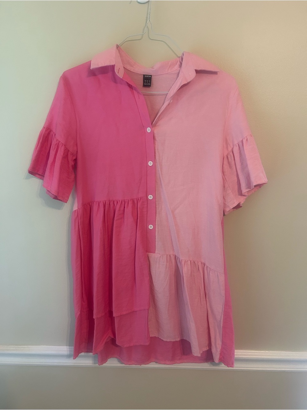SHEIN Two-Tone Pink Ruffle Button-Front Dress